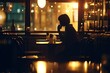 Silhouette of a Woman in a bistro in the night light. Illustration in the style of niji