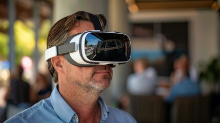 Poster - Young businessman using vr glasses in a startup office for online metaverse meeting