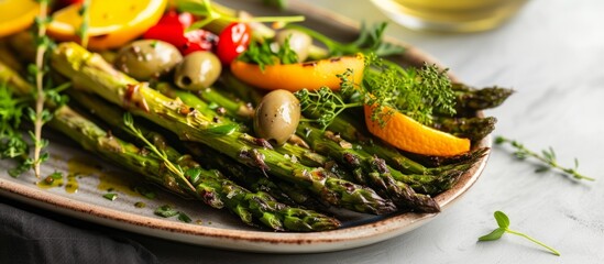 Wall Mural - Fresh and Delicious Plate of Asparagus and Tomatoes on a Rustic Wooden Table