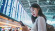 Beautiful asian woman traveler using smart phone in Hong Kong airport