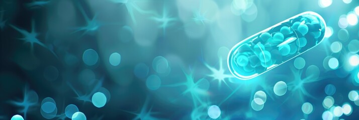 Wall Mural - light blue high tech futuristic glowing shimmering neutral medical background with a pill capsule fi