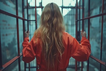 A woman with long blonde hair wearing an orange prison jumpsuit stands with her back to the camera, hands on the bars of a jail cell