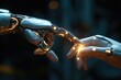 A robotic hand's lighted fingertip is softly touched by a human finger. Ai generative