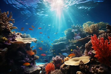 Wall Mural - Underwater scene with sunlight, colorful fish, and coral reefs.