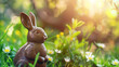 Easter banner with copy space. A chocolate bunny  in vibrant green grass under the bright sunlight of a spring day. Generative AI