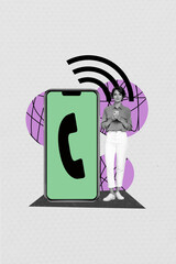 Poster - creative abstract collage template graphics image of smiling lady calling apple iphone samsung devic