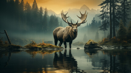 Sticker - A majestic moose standing by a misty lake in the early morning