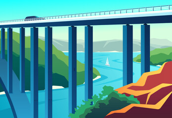 Wall Mural - Scenic summer view of the bridge over the sea bay. Vector illustration