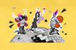 © deagreez - Photo collage illustration party invitation for birthday young girls and guy celebrate disco in nightclub isolated on yellow background