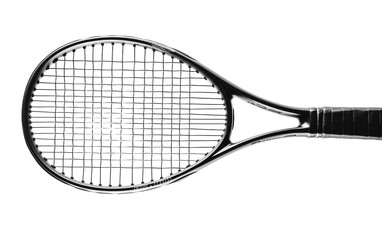 A Black and White Photo of a Tennis Racket. This photo captures a black and white image of a tennis racket. on White or PNG Transparent Background.