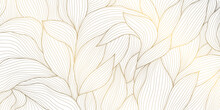 Vector Gold Leaves On White Texture, Luxury Abstract Plant Background, Line Drawn Foliage. Vintage Elegant Nature Illustration.