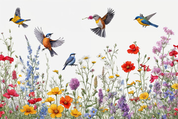 Wall Mural - Color Hand drawn blooming flowers, butterflies, birds on blank background. Color floral composition in vintage style. Generative Ai