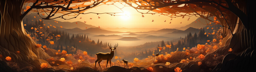 Wall Mural - Autumn's Embrace: A Majestic Deer at Sunrise in a Vibrant Forest