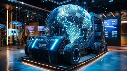 Poster - Innovative marketing display featuring an AGV with a holographic projection of a globe, symbolizing global logistics and delivery services.