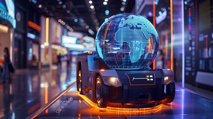 Poster - Innovative marketing display featuring an AGV with a holographic projection of a globe, symbolizing global logistics and delivery services.