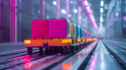 Poster - Close-up of an AGV moving with vibrant packages inside a contemporary, illuminated logistics warehouse.
