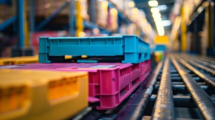 Poster - Close-up of an AGV moving with vibrant packages inside a contemporary, illuminated logistics warehouse.