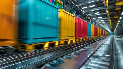 Poster - Close-up of an AGV moving with vibrant packages inside a contemporary, illuminated logistics warehouse.