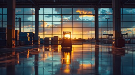 Poster - The silhouette of an Automated Guided Vehicle (AGV) is cast by a dramatic sunset seen through the expansive windows of a warehouse.