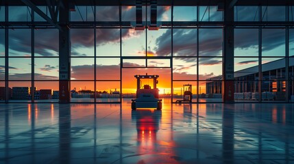 Poster - The silhouette of an Automated Guided Vehicle (AGV) is cast by a dramatic sunset seen through the expansive windows of a warehouse.