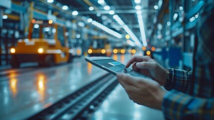 Poster - Business professionals in casual attire engage with a digital tablet against the backdrop of an AGV, highlighting supply chain innovation.