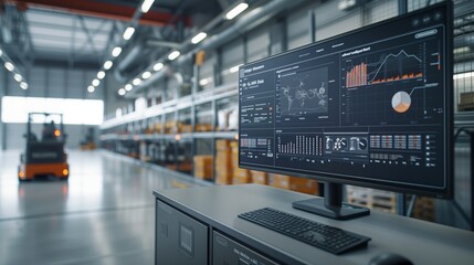 Poster - An advanced logistic software interface on a monitor with an operational AGV in the background, underscoring warehouse management innovation.