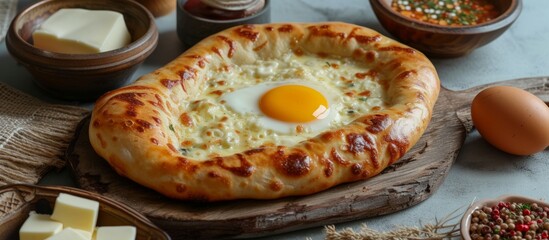 Wall Mural - Rustic wooden board with delicious baked egg resting on it for breakfast or brunch