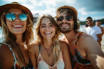 Amidst a sunny beach day, a group of friends clad in stylish sunglasses and hats share a joyful moment, capturing their bond and the carefree essence of summer through a selfie