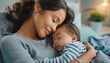 © Marko - Tender bond Bright image of a mother's love with her peacefully sleeping infant at home bed
