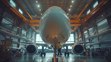 Wall Mural - View of an aircraft repair factory, showing an aviation engineer climbing on a ladder to inspect the tail of a large commercial airplane, with high-tech maintenance gear scattered around.