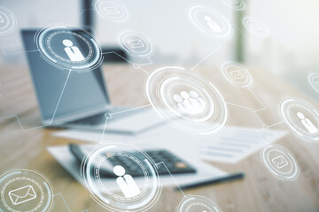 Poster - Abstract virtual social network concept on calculator and laptop background. Multiexposure