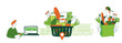 Grocery courier delivering online shop order background pattern.