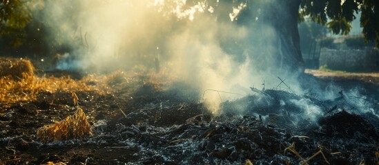 Sticker - Fierce wildfire blazing in the dense forest with thick smoke rising up in the air