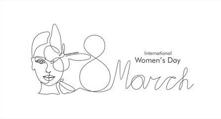 International women's day greeting card. Woman face with butterfly in one continuous line drawing. Abstract female portrait in simple linear style. Doodle Vector illustration for 8 march	