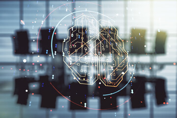 Aufkleber - Virtual creative artificial Intelligence hologram with human brain sketch on a modern coworking room background. Double exposure