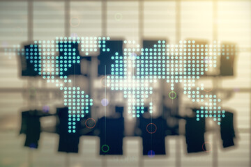 Poster - Double exposure of abstract digital world map hologram on a modern boardroom background, big data and blockchain concept