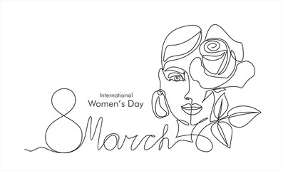 Wall Mural - International Women's Day greeting card. Illustration with one line woman face, rose flower and leaves. Women empowerment. Vector illustration.	