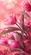 Pink tulips in full bloom, bathed in soft sunlight, create a romantic and serene atmosphere. Ideal for spring-themed designs and background or Valentine’s Day content.