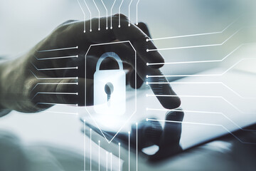 Aufkleber - Creative lock sketch with chip hologram and hand working with a digital tablet on background, protection of personal data concept. Multiexposure
