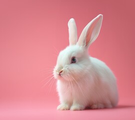 Easter bunny, cute white color rabbit on pastel pink background