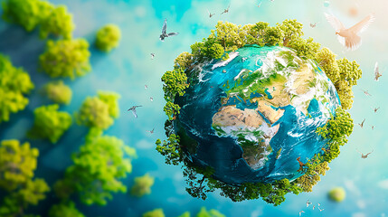 Wall Mural - Illustration of the earth with lush green and lively creatures around.