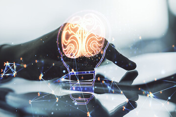 Poster - Creative light bulb illustration with human brain and with finger presses on a digital tablet on background, future technology concept. Multiexposure