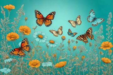 Wall Mural - Hand drawn blooming flowers and butterflies on turquoise background. Black and white wildflowers and insects. Generative Ai