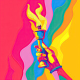 Fototapeta  - An illustration of a hand holding the Olympic Torch. A bright colorful symbol of the Olympic Games

