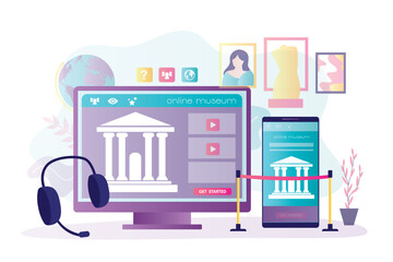 Virtual museum on modern computer monitor.  Art exhibition with computer at home in comfort. Virtual museum and art gallery interactive tour. Online museum application.