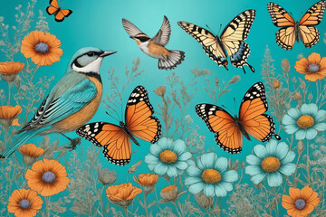 Wall Mural - Hand drawn color blooming flowers, butterflies, birds on turquoise background. Generative Ai