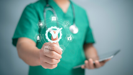 Wall Mural - a medical worker touch virtual screen of certification of standard quality control, guarantee of war