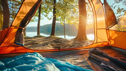 Wall Mural - Camping tent close up concept of traveling while crossing landscape.