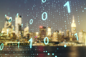Aufkleber - Abstract virtual binary code sketch on blurry office buildings background, hacking and matrix concept. Multiexposure