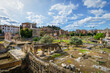 World famous Imperial Fora with a beautiful sky. Ruins of Foro Romano, Palatine Hill, excavation site with many columns and remains of Roman Empire. Rome, Italy.